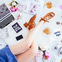 Free woman shows brown shoes with long legs image, public domain people CC0 photo.