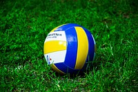 Closeup on volleyball in grass. Free public domain CC0 photo.