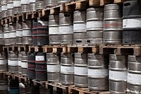 Stack of aluminium beer kegs. Free public domain CC0 image