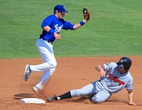 Baseball player doing straight-leg slide, location unknown, October 22, 2014. View public domain image source here