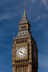 Big Ben clock tower at the north end of the Palace of Westminster in London, England. Free public domain CC0 photo.