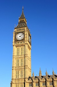 Big Ben clock tower at the north end of the Palace of Westminster in London, England. Free public domain CC0 photo.