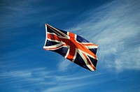 UK flag in blue sky. Free public domain CC0 photo.