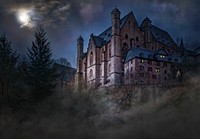 Mystical castle in dark forest. Free public domain CC0 photo.