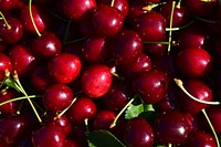 Closeup on pile of red cherries. Free public domain CC0 image. 