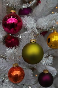 Ornaments hanging on Christmas tree. Free public domain CC0 photo.