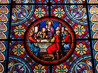 Historical glass painting in church background, Free public domain CC0 photo.