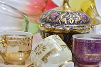 Tea cups & bowl, aesthetic gold design. Free public domain CC0 image