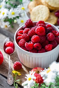 Free breakfast with raspberry image, public domain food CC0 photo.