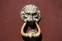 Lion door knocker in brass. Free public domain CC0 photo.