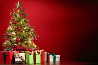 Free Christmas tree, red background image, public domain decoration CC0 photo.