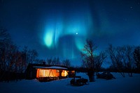 Free Northern Lights during winter over brown cottage photo, public domain nature CC0 image.