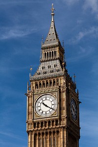 Big Ben clock tower at the north end of the Palace of Westminster in London, England. Free public domain CC0 photo.