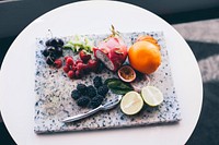 Various fruit on marble. Free public domain CC0 photo.