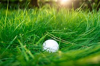 Closeup on golf ball in grass. Free public domain CC0 photo.