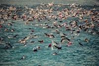 Triathlon swimmers, sports photography. Free public domain CC0 image.