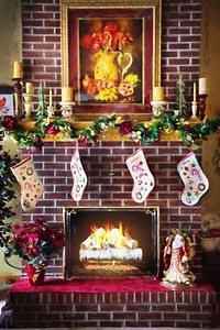 Free Christmas decoration on fireplace image, public domain holiday CC0 photo.