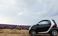 Smart car next to lavender field. Free public domain CC0 photo.