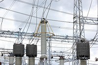 Power plant cables and transformers. Free public domain CC0 photo.