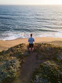 Rear view of young man in shorts standing at shoreline while looking towards the ocean