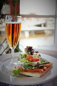 Midday brunch, sandwich & sparkling wine. Free public domain CC0 photo