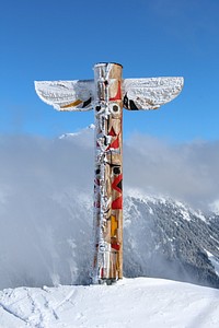 Wood stake in snow. Free public domain CC0 photo.