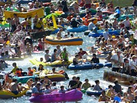 Floating boat party in the Danube. Free public domain CC0 photo.
