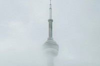 Space Needle tower in fog. Free public domain CC0 photo.