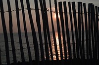 Beach sunset through wooden fence. Free public domain CC0 photo.