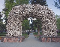 Elk-antler arch in Jackson Hole, Wyoming, adjacent to Grand Teton National Park in Wyoming.