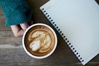 Free latte coffee with note book top view photo, public domain beverage CC0 image.