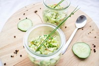 Free cucumber and avocado in glass jar photo, public domain vegetables CC0 image.