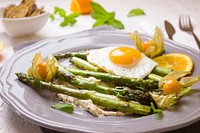 Free asparagus, fried eggs, dish in white plate photo, public domain food CC0 image.