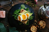 Free eggs on toasted bread with salad image, public domain food CC0 photo.