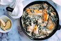 Free cream spinach salmon fish dinner image, public domain food CC0 photo.