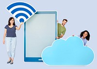 People holding different icons in wireless and cloud technology theme