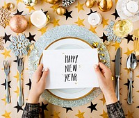 Happy New Year card and festive table settings