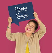 Senior woman holding a Happy Family poster