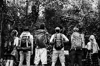 Friends trekking together in a forest