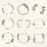 Doodle leaf frame clipart, cute botanical illustration vector set