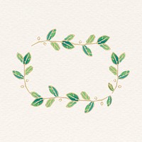 Gold rectangle frame sticker, green doodle leaf illustration psd