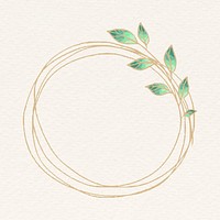 Gold circle frame sticker, green gradient botanical illustration psd