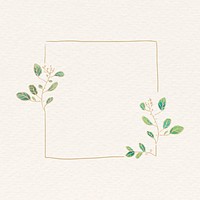 Gold square frame sticker, green gradient botanical illustration psd