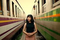 Asian woman between two trains
