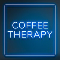 Retro blue coffee therapy frame neon border text