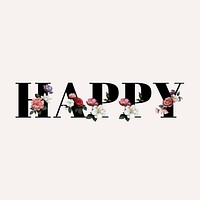 Floral happy word typography on a beige background