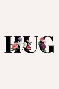 Floral hug word typography on a beige banner
