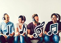Happy friends listening to music together