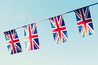 Bunting of British flags in the sky