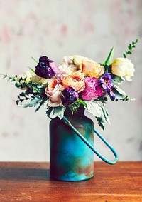 Rustic vase with a beautiful bouquet on table